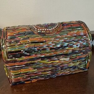 8.25x5x4.50" Vintage Beaded Trinket Box Wood Trunk Glass Plastic Beads Jeweled